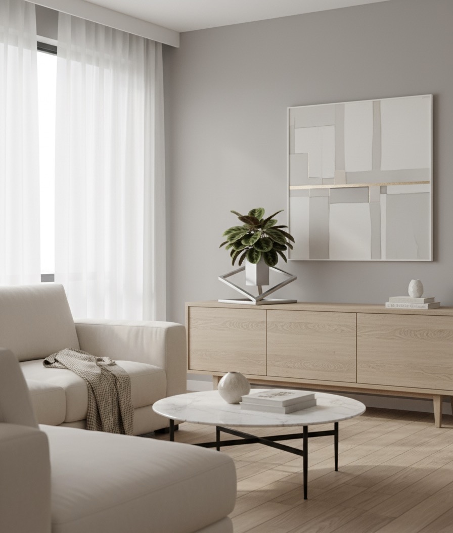 Elegancki salon z szarą sofą, stolikiem kawowym z marmuru i subtelnym oświetleniem – meble Largodes