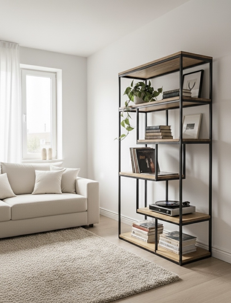 Stylowy regał modułowy w salonie z jasną sofą – meble na wymiar Largodes
