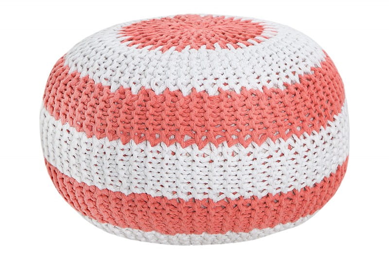 RĘKODZIEŁO:: Pufa, podnóżek Bali knit, biało-koralowa, dzianina, dziergana 50cm (Z37336)
